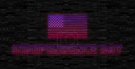 USA independence day glowing neon sign with flowing usa flag and alphabet. National united states holiday greeting card in neon style. 4th july holiday banner. Vector illustration.