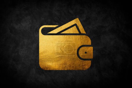 Golden wallet on abstract black background.