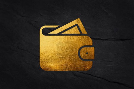 Golden wallet on abstract black background.