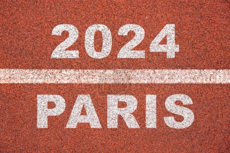 2024 Paris in weiß auf der Ziellinie rote Laufbahn, Symbol für Sommerspiele.