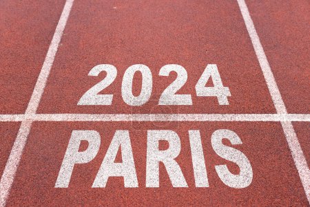 2024 Paris in weiß auf der Ziellinie rote Laufbahn, Symbol für Sommerspiele.
