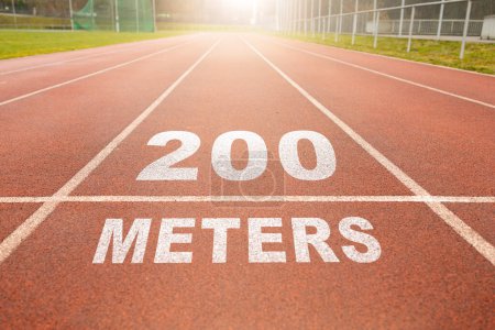 Photo for 200m tagging on athletic track. Olympic games track and fiel 200 meters concept. - Royalty Free Image