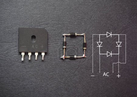 Photo for Semiconductor AC-DC converter component. Bridge-diode and bridge-diode schema. - Royalty Free Image