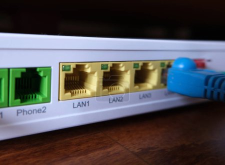 Router or modem ports. Fosused on Lan1 socket. 