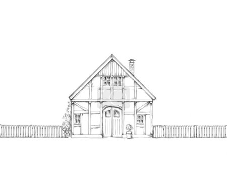 Foto de Ilustración de una linda casa de entramado de madera desde el frente sobre un fondo blanco - Imagen libre de derechos