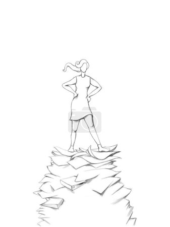 Foto de Ilustración de una mujer decidida que está de pie sobre una pila de papel - Imagen libre de derechos