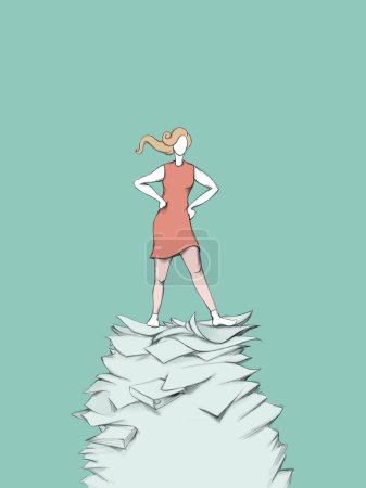 Téléchargez les photos : Illustration d'une femme résolue debout sur une pile de papier - en image libre de droit