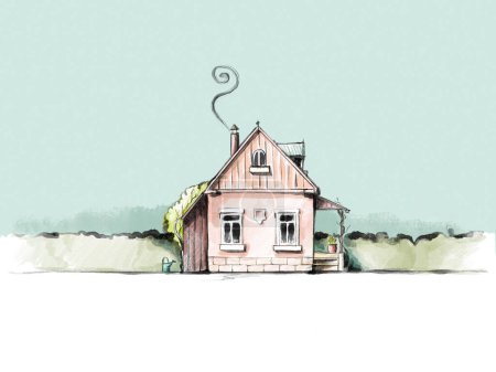 Illustration eines romantischen Häuschens mit Hecke