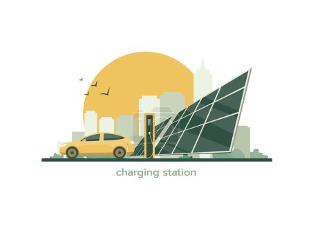 Photo for Electric car is charging. Charging station and solar panels on the background of the cityscape. The concept of alternative electricity production. - Royalty Free Image