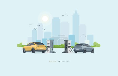 Illustration for Comparison of an electric and gasoline diesel car. Charging an electric car at a charging stand against a gas station for fossil cars. City landscape in the background. - Royalty Free Image