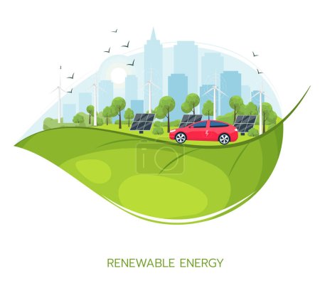 Téléchargez les illustrations : Le concept d'énergie renouvelable. La voiture électrique, les panneaux solaires et les éoliennes sont sur le fond des paysages de la ville. Illustration vectorielle de l'énergie propre dans une feuille. - en licence libre de droit