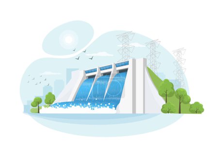 Illustration for Hydroelectric clean power plant station factory. Renewable green sustainable hydropower energy generation with water flowing out reservoir dam. High-voltage power lines. Isolated vector illustration - Royalty Free Image