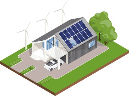 Téléchargez les illustrations : Panneaux solaires sur le toit. Les énergies renouvelables. Maison de famille. Vecteur isolé. Illustration isométrique. Stations éoliennes - en licence libre de droit
