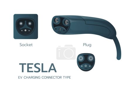 Illustration for Tesla EV charging connector type. Tesla supercharger plug. Electric battery vehicle inlet charger detail. EV cable for AC power charge electricity.Ev charger plugs and charging sockets types. Isolated - Royalty Free Image