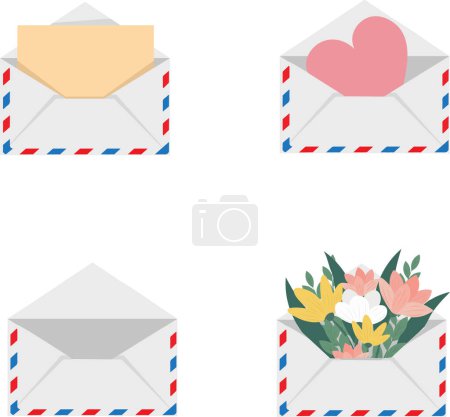 Umschlagset mit Brief, Karte und Blumen. Vektorillustration