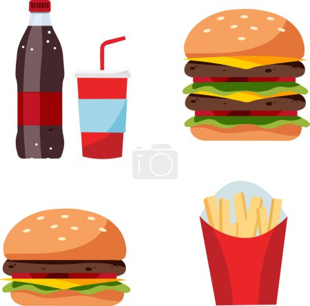  fast food, hamburger, french fries and soda. Vector illustration