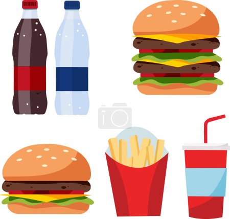  fast food, hamburger, french fries and soda. Vector illustration