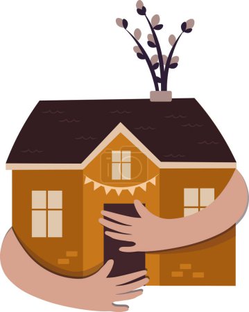  hands hug the house and willow branches. Vector illustration