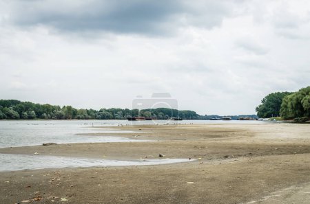Das sandige Ufer der Donau nahe der Stadt Novi Sad. Panorama-Ufer der Donau in der Nähe des Petrovaradin. Einer der Strände der Stadt - Oficirac in Novi Sad.