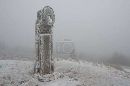 Téléchargez les photos : Paysage hivernal forêt gelée, statue d'éléphant dans les montagnes Kralicky Sneznik République tchèque - en image libre de droit