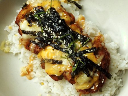 Arroz japonés con pollo teriyaki. Pollo a la parrilla con arroz aislado en plato blanco. Asia cocina cultura fondo imagen.