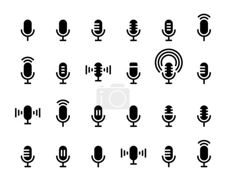 Téléchargez les illustrations : Microphone, collection de jeux vectoriels d'icônes d'enregistreur vocal. Mic, symbole de signe de podcast - en licence libre de droit