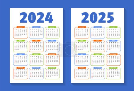 Illustration for 2024 and 2025 editable calendar template - Royalty Free Image