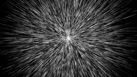 Endless road to bright future. Light at the end of tunnel. Divine essence. Flight across galaxy, space travel. Abstract fantastic background. Monochrome on black background 3D render