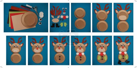 Christmas New Year card handmade. Santa's deer, step by step photo instruction. Children art project. DIY concept. Blue velvet background. Top view, flat lay. Blurred background, selective focus