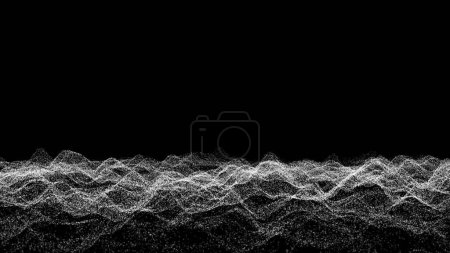 Foto de 3D Abstract background with waving dotted surface, moving and flickering white particles, lines and stripes. Animation of seamless loop. Etheric field. 3D animation - Imagen libre de derechos