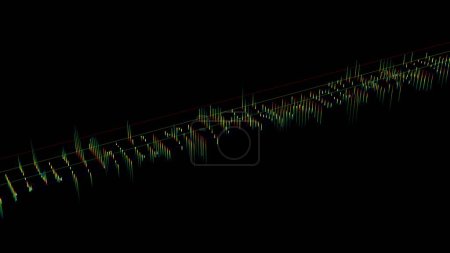 Foto de Efectos de sonido musical. Representación de paisajes de ondas abstractas verdes, modulación 3D. Fondo geométrico moderno con líneas digitales móviles. Colorido futurista. Fiesta de DJ. Renderizado 3D. - Imagen libre de derechos