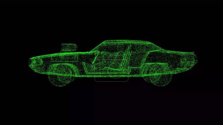 Téléchargez les photos : 3D sports car on black bg. Object dissolved green flickering particles. Business advertising backdrop. Science concept. For title, text, presentation. 3D animation - en image libre de droit