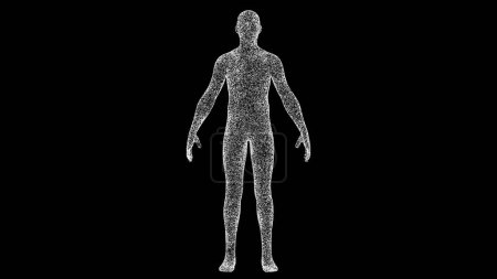 Photo for 3D human body man on black bg. Object dissolved white flickering particles. Business advertising backdrop. Science concept. For title, text, presentation. 3D animation. - Royalty Free Image