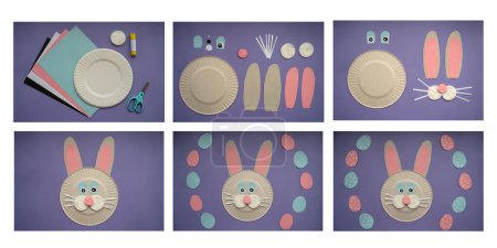 Foto de How to make paper bunny for Easter greetings. Children art project. Step by step photo instruction. DIY concept. Very Peri background color. Flat lay. - Imagen libre de derechos