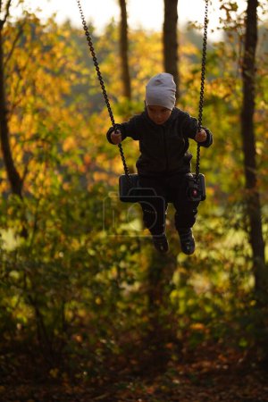 Téléchargez les photos : Petit garçon s'amusant sur une balançoire sur l'aire de jeux dans le parc public le jour de l'automne. Un enfant heureux aime se balancer. Loisirs actifs en plein air pour enfant en ville. - en image libre de droit