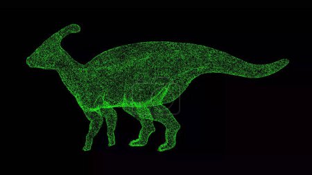 Photo for 3D dinosaur Parasaurolophus on black background. Object made of shimmering particles. Wild animals concept. For title, text, presentation. 3d animation - Royalty Free Image