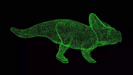 Téléchargez les photos : Protoceratops de dinosaures 3D sur fond noir. Objet fait de particules chatoyantes. Concept d'animaux sauvages. Pour titre, texte, présentation. Animation 3D - en image libre de droit