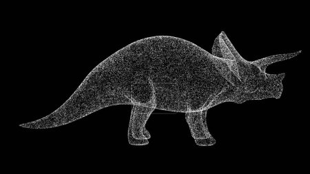 Téléchargez les photos : Dinosaure 3D Tricératops sur fond noir. Objet fait de particules chatoyantes. Concept d'animaux sauvages. Pour titre, texte, présentation. Animation 3D - en image libre de droit