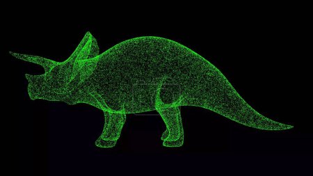 Téléchargez les photos : Dinosaure 3D Tricératops sur fond noir. Objet fait de particules chatoyantes. Concept d'animaux sauvages. Pour titre, texte, présentation. Animation 3D - en image libre de droit