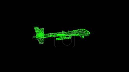 Téléchargez les photos : Drone militaire 3D sur fond noir. Concept moderne de technologie militaire Copter. Arme aérienne, avion non pilote. Pour titre, texte, présentation. Des particules chatoyantes. Animation 3D - en image libre de droit
