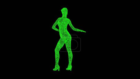 Photo for 3D Woman dancing salsa on black bg. Sports Fitness concept. Healthy lifestyle. Business advertising backdrop. For title, text, presentation. 3d animation - Royalty Free Image