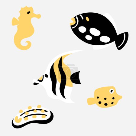 Reef life cartoon in yellow and black color
