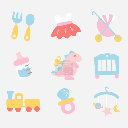 Baby toys and accessories in pastel icons