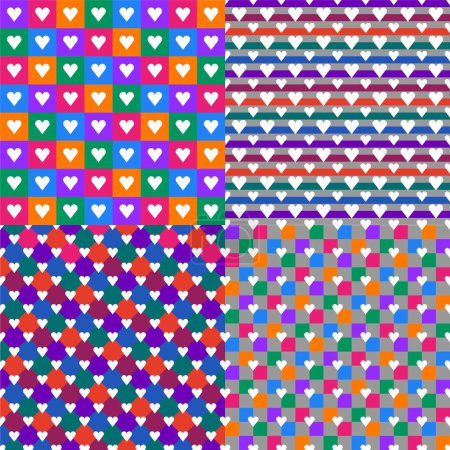 Téléchargez les illustrations : Seamless vector flat patterns. Valentine's Day. Hearts on a multicolored background. Postcard, banner, poster, cover. - en licence libre de droit