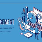 Time management landing page. Laptop with office g...