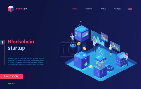 Photo for Blockchain cryptocurrency startup technology isometric landing page design, cartoon 3d money crypto currency, bitcoin and tokens for crowdfunding investment and business project vector illustration - Royalty Free Image