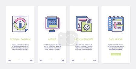 Photo for Data cloud storage, coding and mining technology vector illustration. UX, UI onboarding mobile app page screen set with tech line design of code, database development, machine algorithm analysis - Royalty Free Image