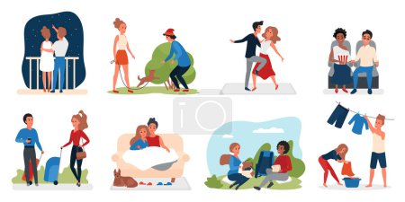 Photo for Couple people loving activity vector illustration set. Cartoon active man woman lover characters walking with pet dog dancing dating sitting traveling together, love and relationship isolated on white - Royalty Free Image