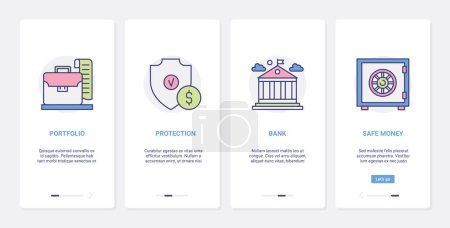 Photo for Bank safety, finance money protection vector illustration. UX, UI onboarding mobile app page screen set with line safe deposit box to protect deposits savings investment, financial banking services - Royalty Free Image