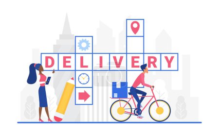 Photo for Delivery crossword vector illustration. Cartoon delivering service worker characters standing next to crossword puzzle with delivery word, postman courier delivers parcel by bike isolated on white - Royalty Free Image